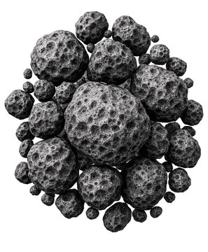 A cluster of porous volcanic rock spheres grouped together on a white background. The composition shows varied sizes and rough textured surfaces suitable for geology or design use.