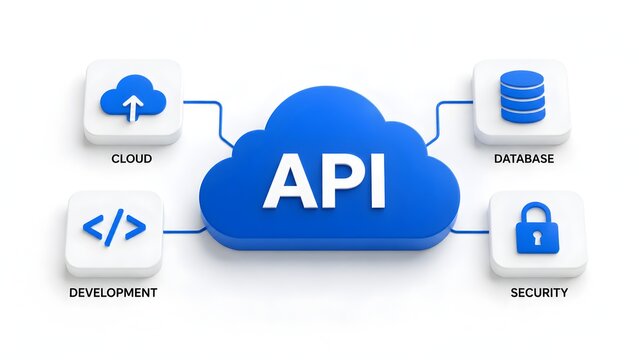 API integration concept in cloud computing with database security and development icons for software communication