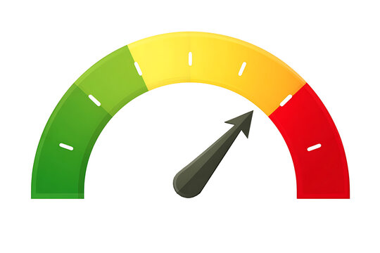Colorful speedometer gauge icon with needle, performance measurement dial, risk assessment meter on white background