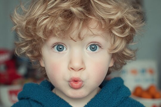 A close-up portrait captures a young child's adorable puckered lips and expressive eyes, framed by a tousled mane of blonde curls, evoking a sense of childhood innocence