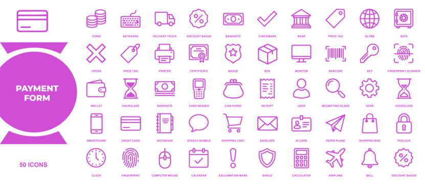 Commercial set of fifty payment icons featuring financial transactions banking services and e commerce security interface elements