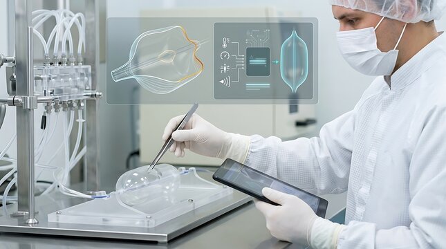 Biomedical engineer manufacturing heart valve in sterile lab. Scientist using digital tablet and augmented reality interface for medical device production.
