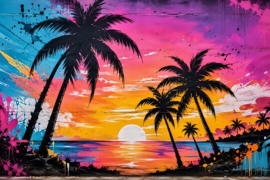 Atardecer tropical en grafiti velado