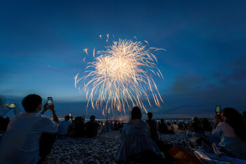Obraz premium Golden willow fireworks above spectators on Osaka beach