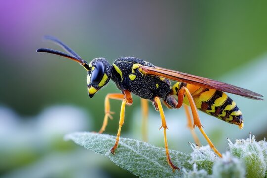 A vibrant macro highlights a potter wasp standing on a leaf, with its distinctive yellow and black markings and detailed wing structure clearly visible