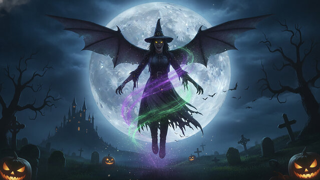 Terrifying bat-winged witch flies in front of a full moon over a graveyard at night.