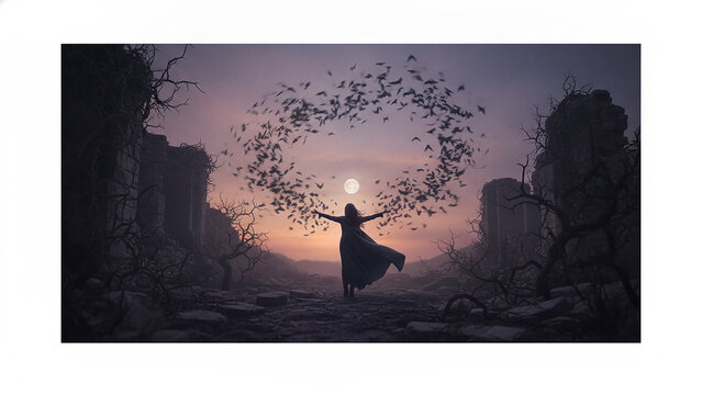 Woman in flowing cloak commanding flock of bats in moonlit ruined landscape.