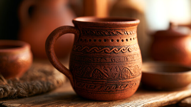 Handmade terracotta mug with carved folk pattern in warm light