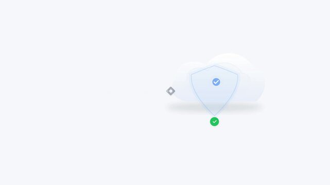 Cloud sync series showing secure data packets transferring into a digital cloud storage network with firewall shield protection