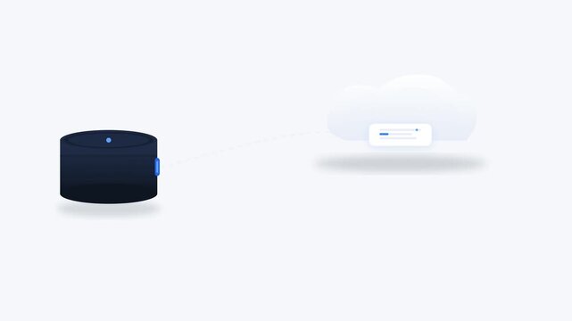 Cloud sync series cloud sync smart speaker hub floating next to digital wireless database cloud storage icon