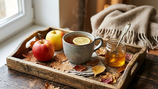 Cozy autumn morning scene with a hot cup of tea and fresh fruits
