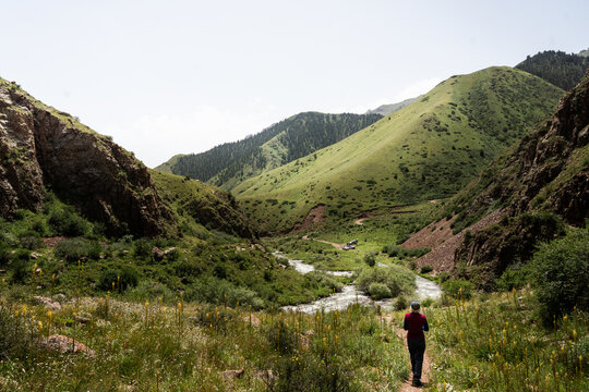 View of a hiker walking along a trail in the Teskey-Torpu mountain range with a river flowing through the valley, surrounded by green slopes in Naryn District, Naryn Region, Kyrgyzstan.