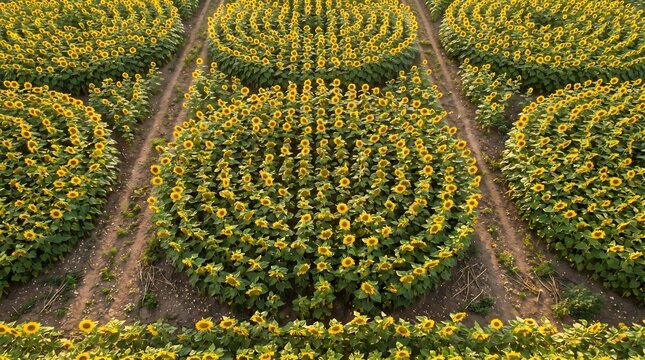 Aerial drone shot of blooming sunflower fields planted in circular patterns with sunflowers patterns agriculture landscape cultivation geometry
