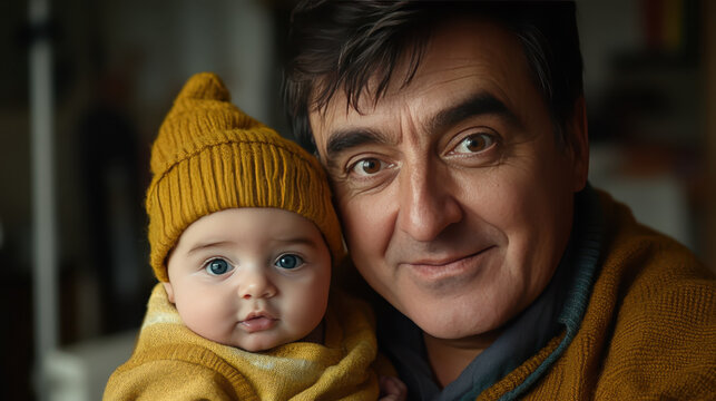 Father holding baby in a cozy indoor setting with warm lighting during a quiet moment