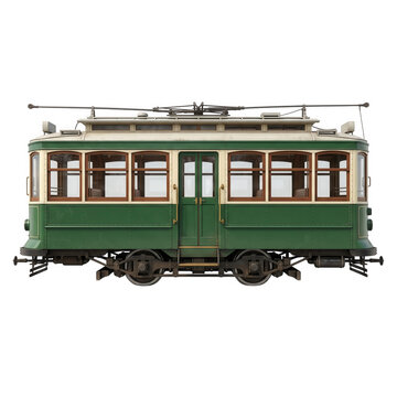 Vintage green streetcar side view tram vehicle isolated on transparent background