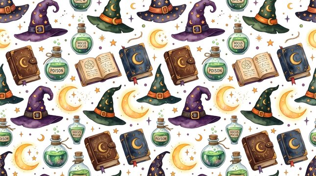 Seamless vintage Halloween pattern with pointy witch hats, magic potion bottles, spell books, and crescent moons on white background.