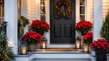 Fototapeta premium Cozy festive front porch with black door, wreath, red poinsettias, lanterns, doormat and warm evening lighting