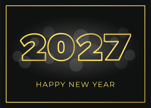 Happy New Year 2027 horizontal card template. Golden outline numbers and frame on black gradient background.
