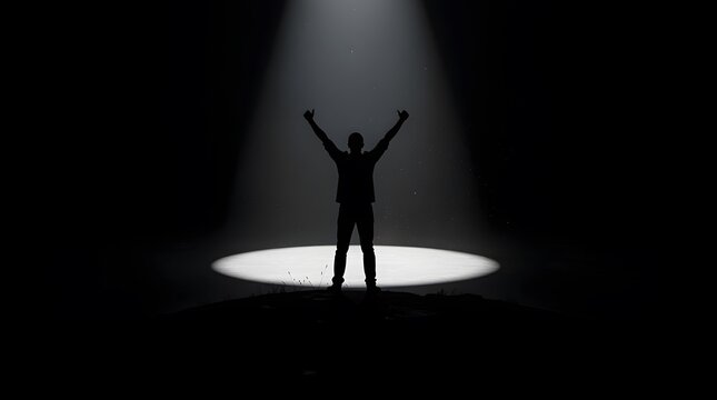 Silhouette of a man standing with arms raised in a bright spotlight.