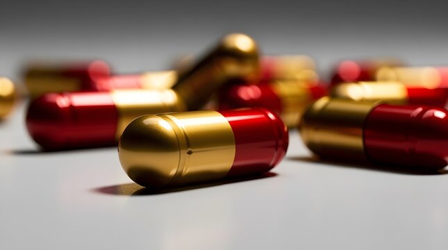 Close up of red and gold pharmaceutical capsules scattered on a white surface.