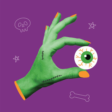 Halloween poster template witj green hand holding creepy eyeball on purple background. Pop art collage card design
