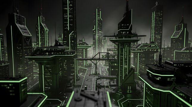 Futuristic cyberpunk city skyline at night with glowing green neon lights and architectural structures.