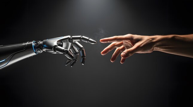 A robotic hand reaching out to touch a human hand in a conceptual digital connection.
