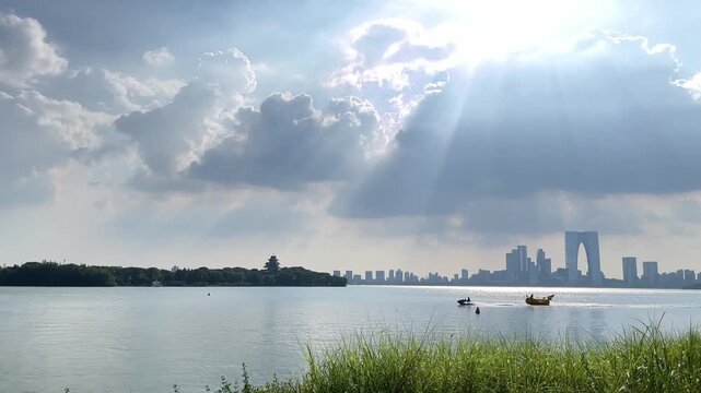 4K Suzhou Jinji Lake Boat Skyline Landmark