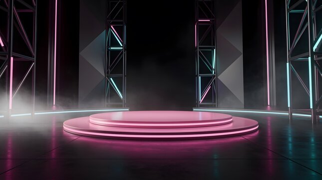 Empty pink circular stage podium with neon lights and smoke for product presentation.