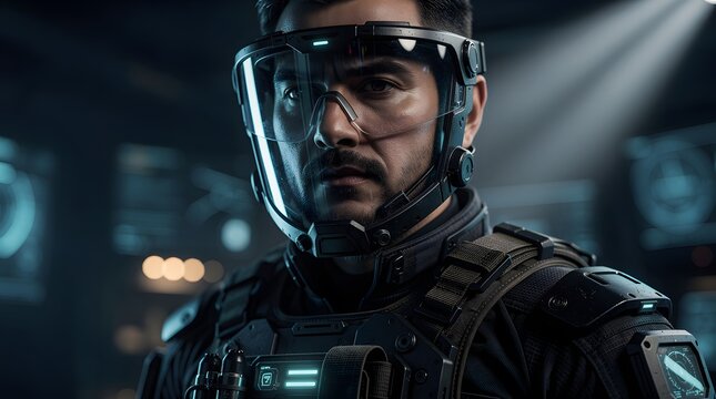 Portrait of a futuristic soldier wearing high-tech tactical armor and a protective visor in a dark command center.