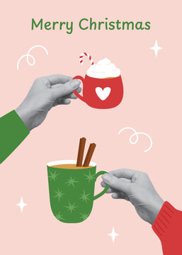 Creative Christmas greeting card in pop art collage style. Hands holding festive red and green mugs on pink background