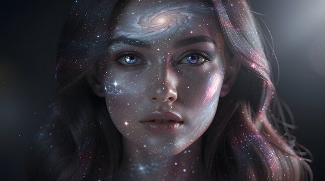 Surreal portrait of a young woman with a galaxy nebula projection on her face.