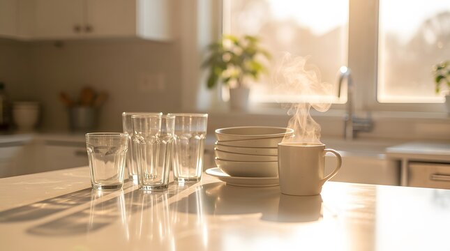 Steaming hot mug of coffee on a bright kitchen counter with glasses and plates.