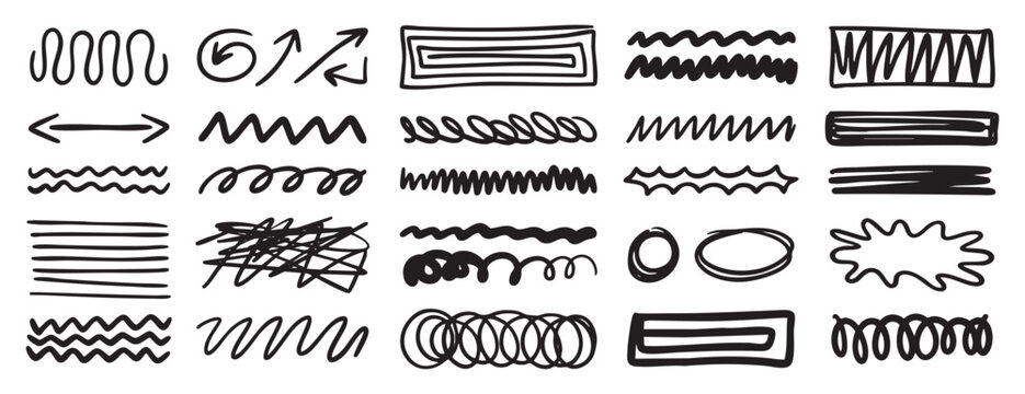 Hand drawn swirl doodle set. Abstract line elements collection. Scribble shapes for creative design
