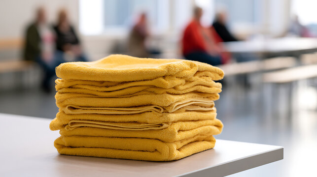 A neat stack of vibrant yellow soft fabric cloths rests on a clean white table inside a bright indoor room with blurred people background
