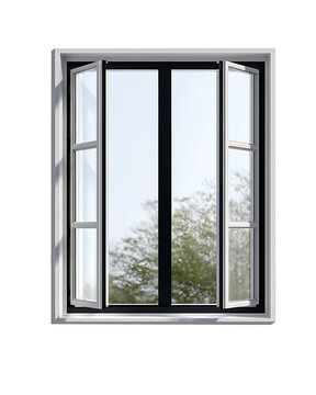 Modern white window frame, open casement window with glass panes, architectural element for home design and renovation