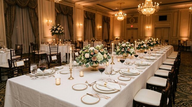 Hotel banquet table set with formal place settings and floral centerpieces wide-angle food photography for hospitality, event and restaurant marketing