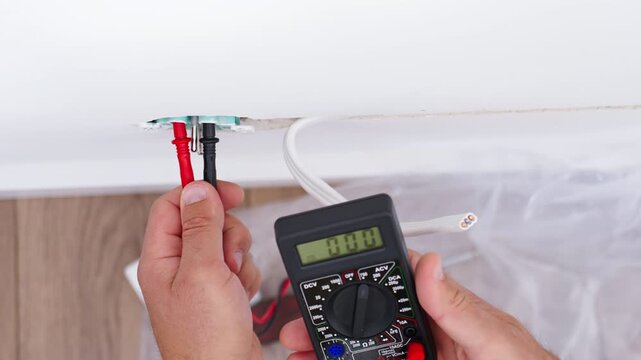 Person checking voltage in wall socket with digital multimeter