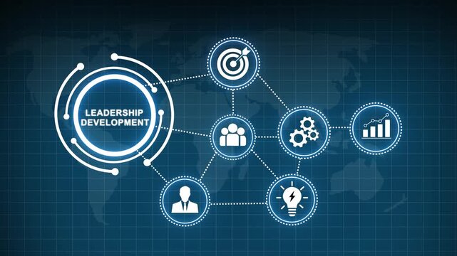 Leadership development concept featuring animated digital network connections, global business strategy corporate management growth infographics, and futuristic technology interface