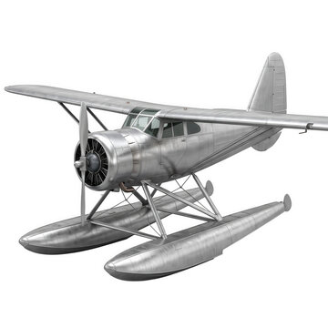 Vintage silver seaplane with twin floats isolated on transparent background