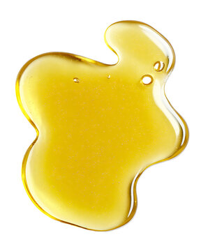 Golden liquid oil spills, translucent yellow fluid droplets isolated on white background. Viscous amber oil puddle, glossy texture close-up, abstract food ingredient concept.