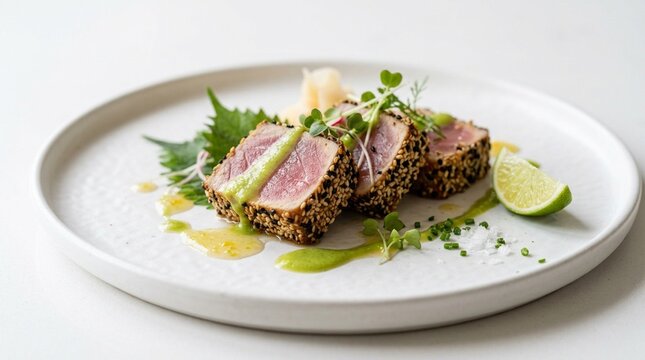 Plated seared tuna with sesame crust and a wasabi drizzle close-up food photography for restaurant menu and food marketing