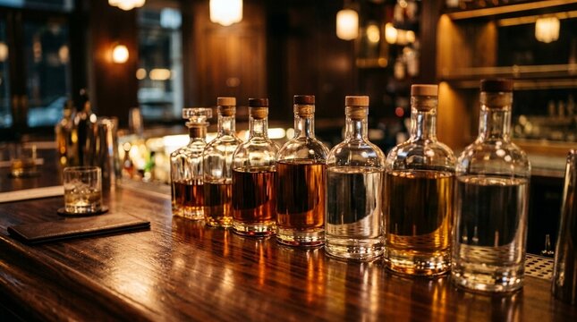 Restaurant bar top with a row of premium spirits reflecting warm ambient light close-up food photography for bar menu and beverage marketing