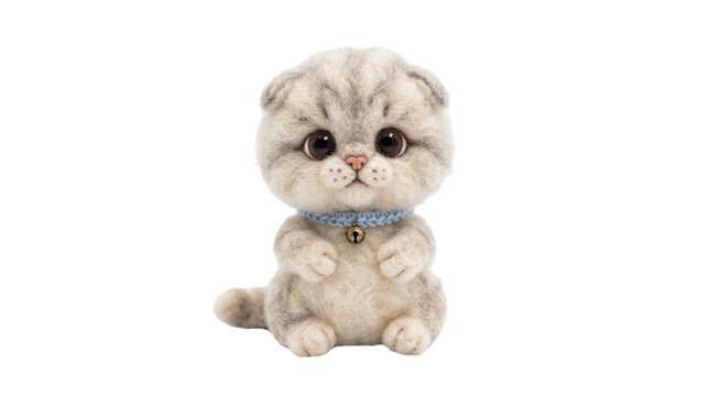 Handmade needle felted kitten toy, adorable grey wool cat figurine with blue collar, cute miniature pet sculpture on white background