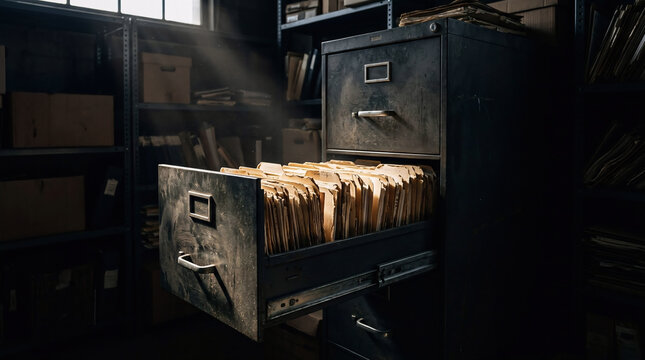 Dark vintage filing cabinet with open drawer full of papers in dusty archive