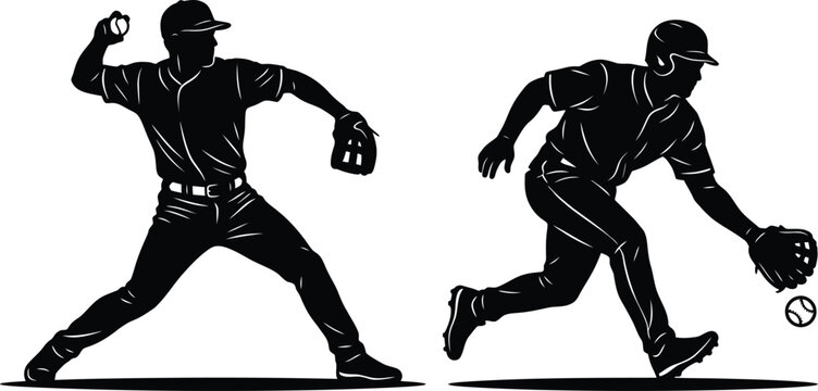 Baseball player throwing fielding ground ball silhouette black vector set