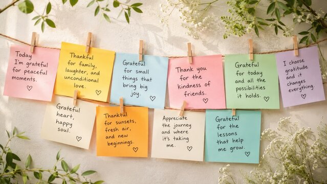 Colorful pastel sticky notes with handwritten gratitude messages clipped on a string amid greenery, inspirational affirmations promoting thankfulness and mindfulness