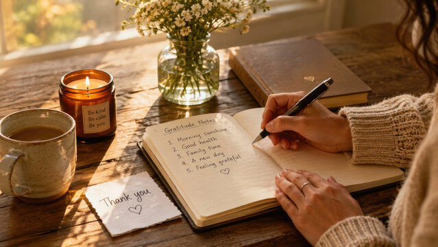 Cozy morning scene of a person writing a gratitude journal with coffee, candle, flowers, and a thank‐you note