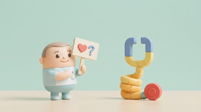 Friendly doctor character holding heart and question mark sign beside a yellow magnet figure with red button, symbolizing patient care, healthcare attraction and trust