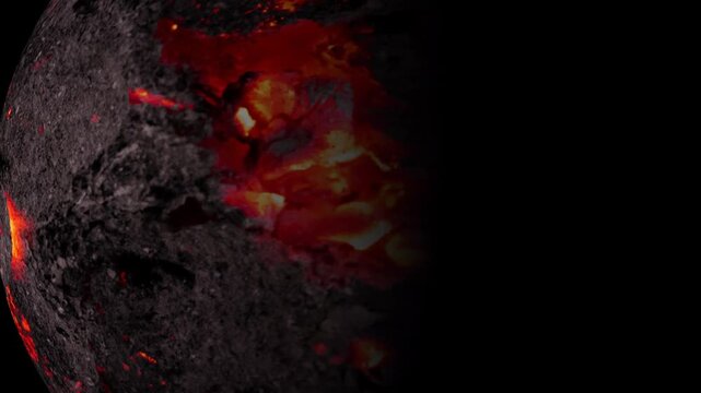 Molten lava planet surface rotating in deep space with glowing volcanic magma textures
